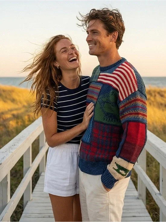 90’s Vintage Americana Nautica Multicolor Patchwork Crewneck Sweater - Picture 2 of 6